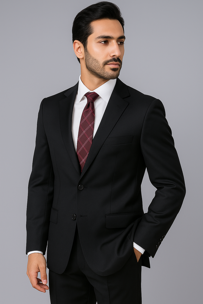 Authentic Alberto Nardoni Brand Hand Pick Stitching Men's 2 Button Solid Black Wool Suit With Flat Front Pants