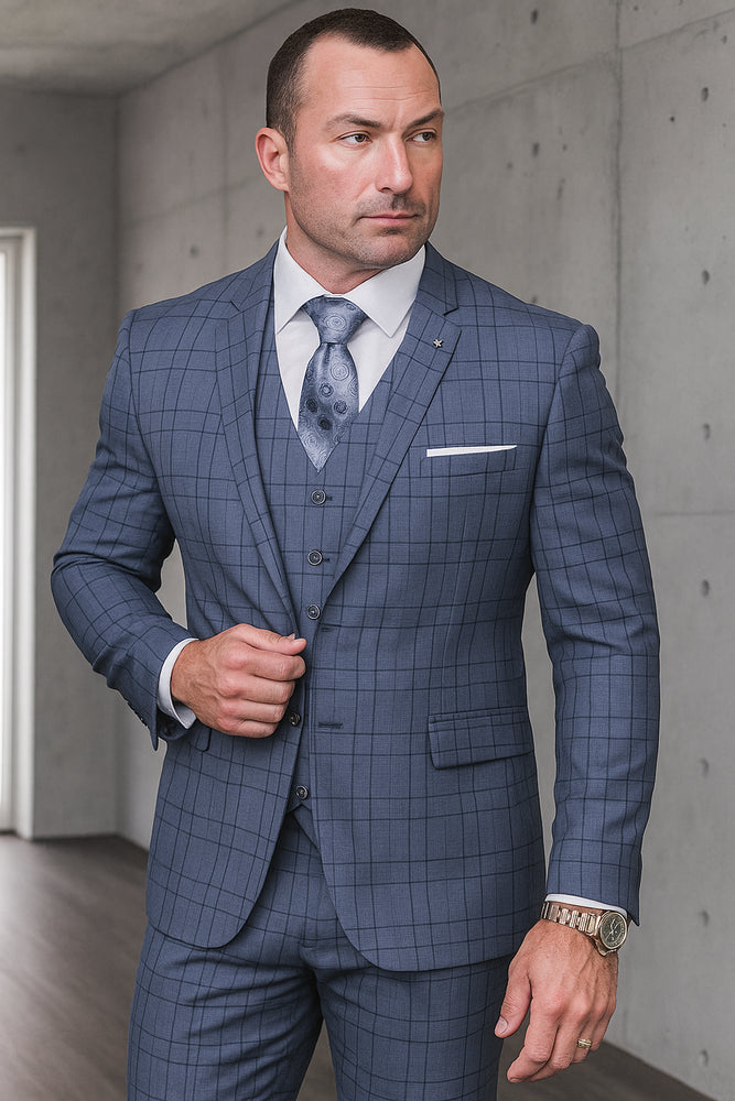 Statement Suits - Plaid Suits - Business Suits Italian Vested Suits Blue
