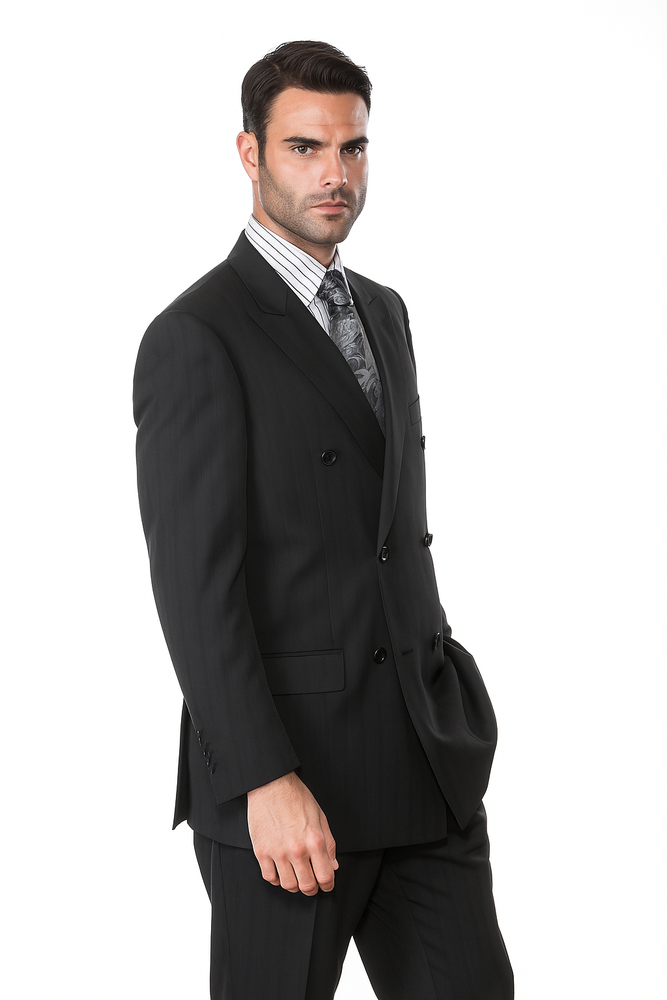 Black On Black Double Breasted Suits Men's Suit With Stripe ~ Pinstripe Shadow Tone On Tone Pattern Suit