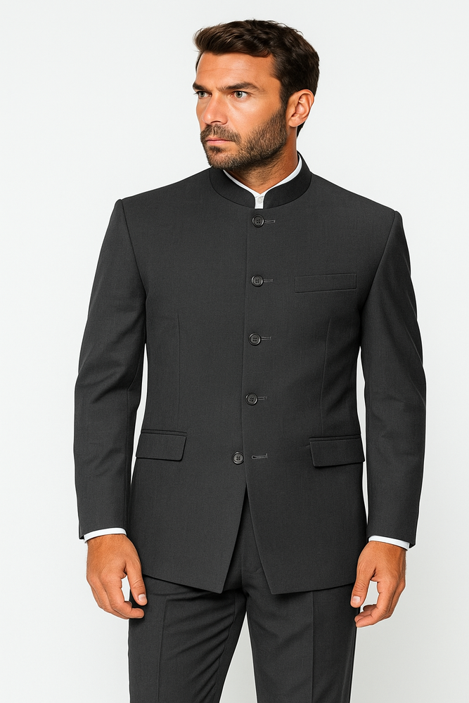 Charcoal Grey Indian Suit Color Banded Collar Suit - Chines Collar in Color Gray 5 Buttons Style