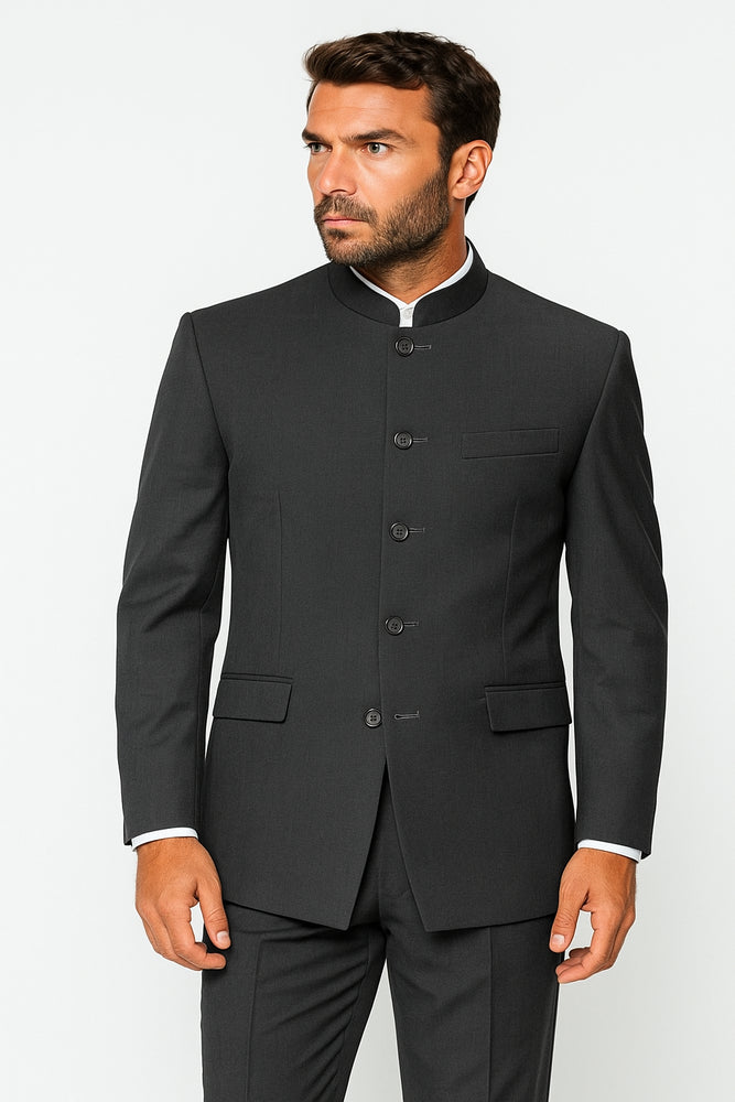 Charcoal Grey Indian Suit Color Banded Collar Suit - Chines Collar in Color Gray 5 Buttons Style