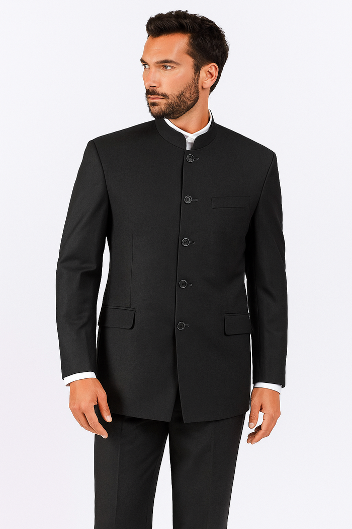 Charcoal Grey Indian Suit Color Banded Collar Suit - Chines Collar in Color Gray 5 Buttons Style