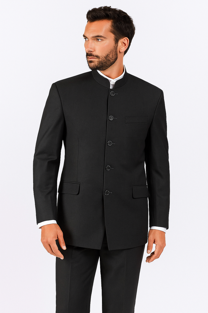 Charcoal Grey Indian Suit Color Banded Collar Suit - Chines Collar in Color Gray 5 Buttons Style