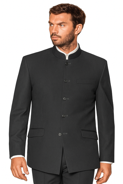 Charcoal Grey Indian Suit Color Banded Collar Suit - Chines Collar in Color Gray 5 Buttons Style