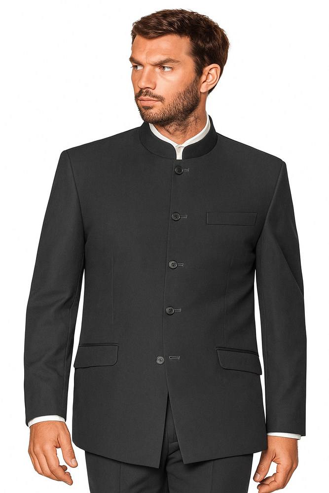 Charcoal Grey Indian Suit Color Banded Collar Suit - Chines Collar in Color Gray 5 Buttons Style