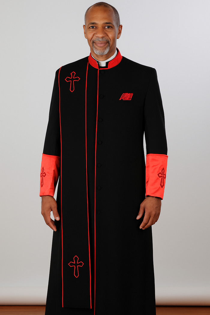 Men's Black/Red Big & Tall Church Cross Accent Robe With Stole Mandarin Suits