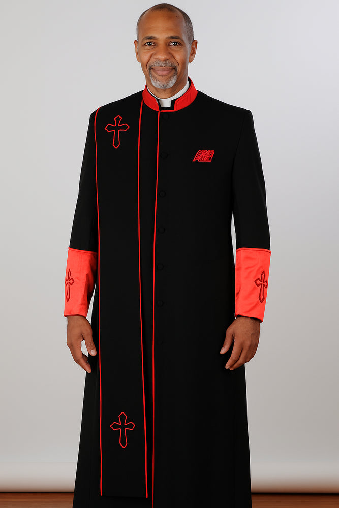 Men's Black/Red Big & Tall Church Cross Accent Robe With Stole Mandarin Suits