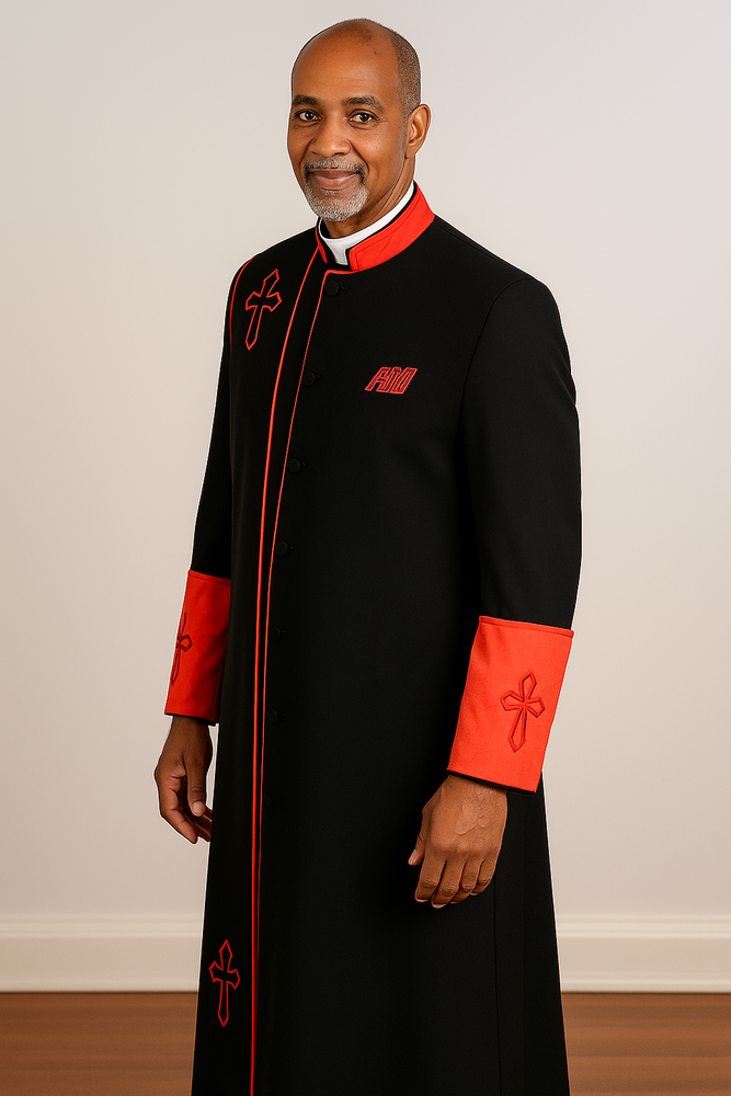 Men's Black/Red Big & Tall Church Cross Accent Robe With Stole Mandarin Suits