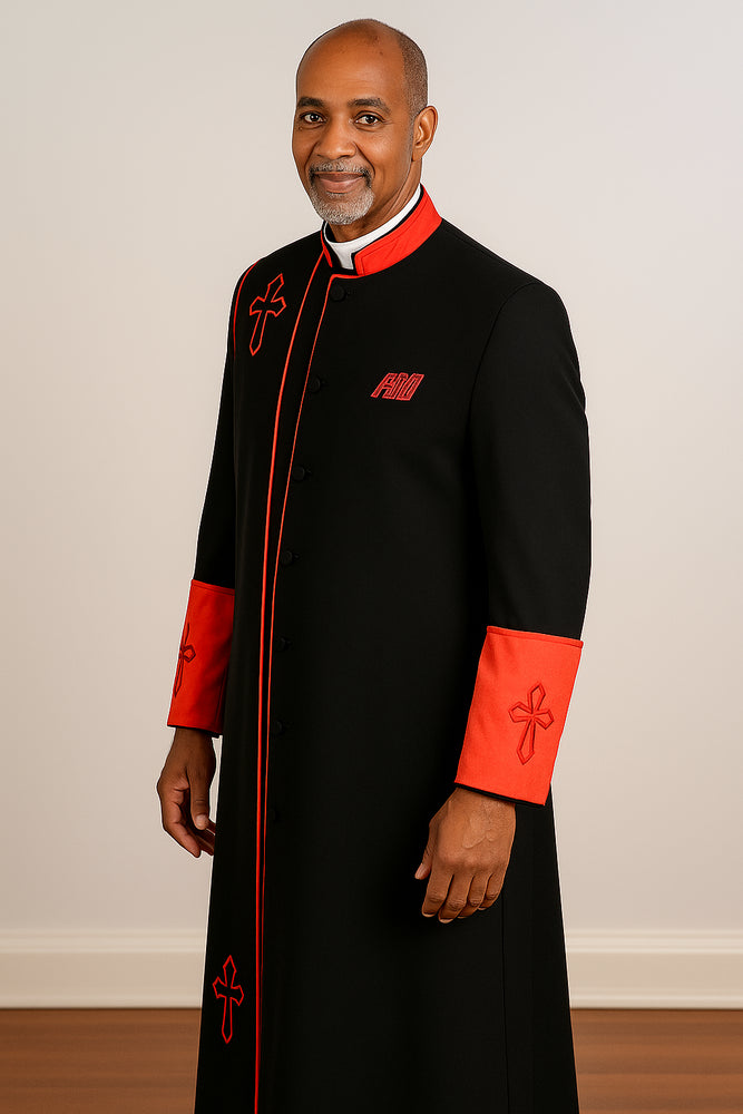 Men's Black/Red Big & Tall Church Cross Accent Robe With Stole Mandarin Suits