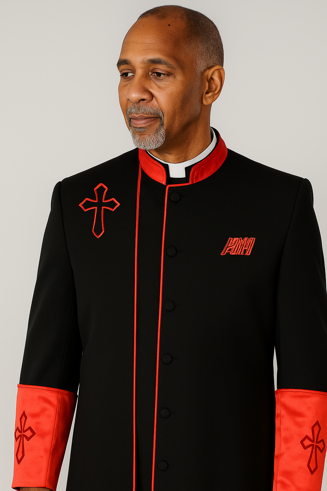 Men's Black/Red Big & Tall Church Cross Accent Robe With Stole Mandarin Suits