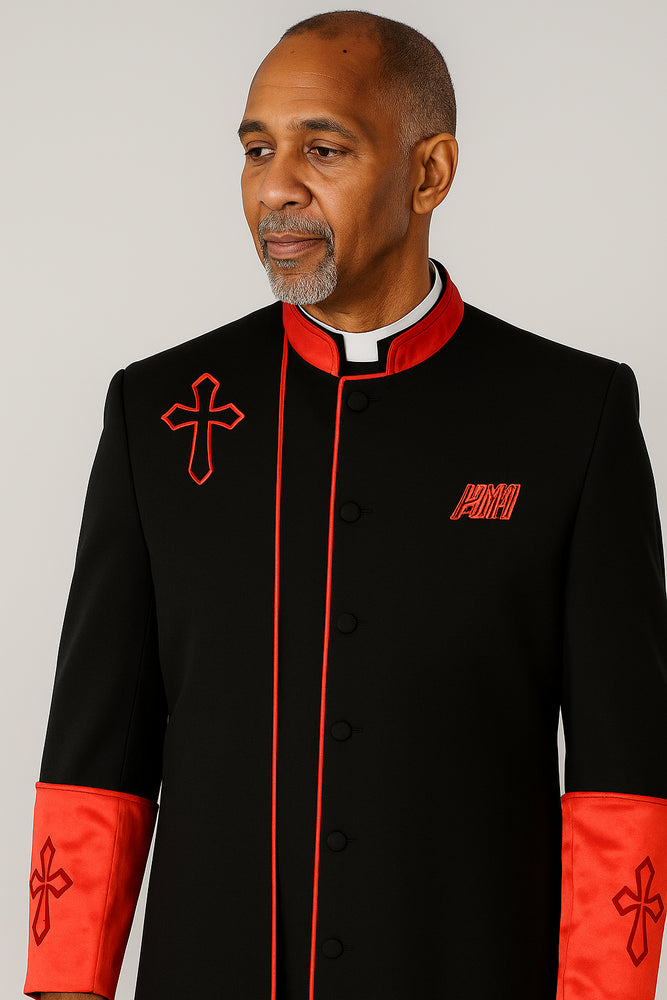 Men's Black/Red Big & Tall Church Cross Accent Robe With Stole Mandarin Suits