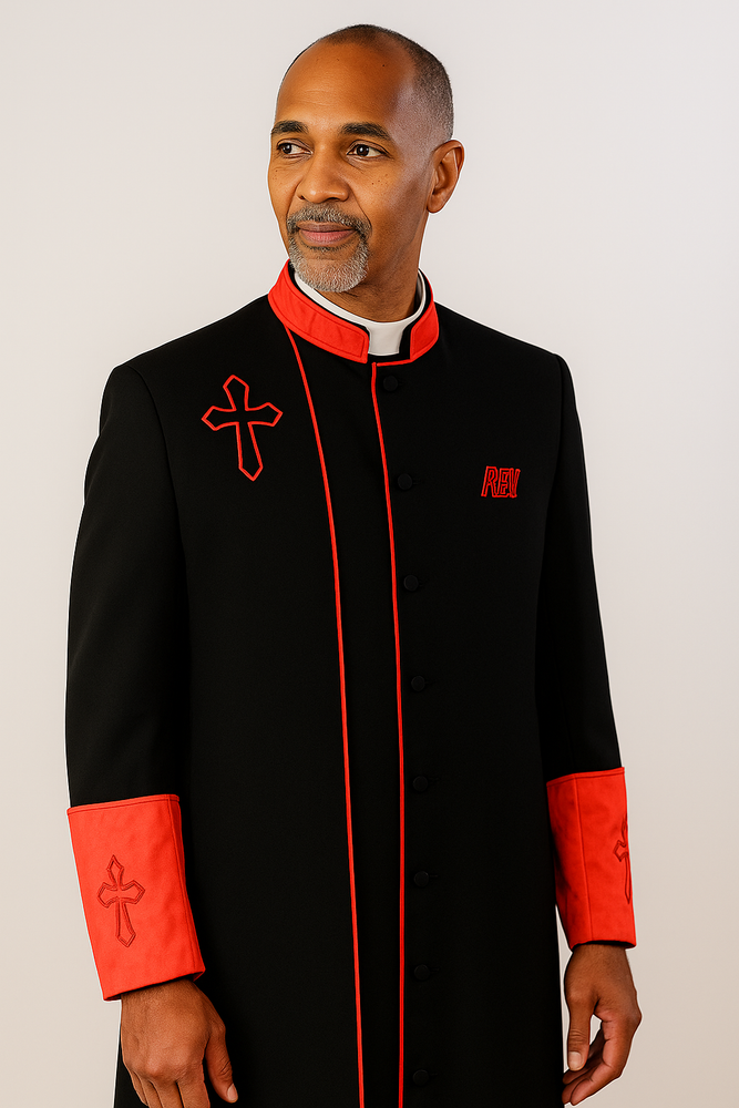 Men's Black/Red Big & Tall Church Cross Accent Robe With Stole Mandarin Suits
