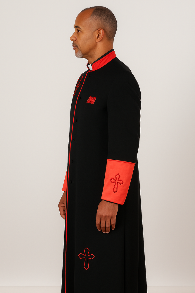 Men's Black/Red Big & Tall Church Cross Accent Robe With Stole Mandarin Suits