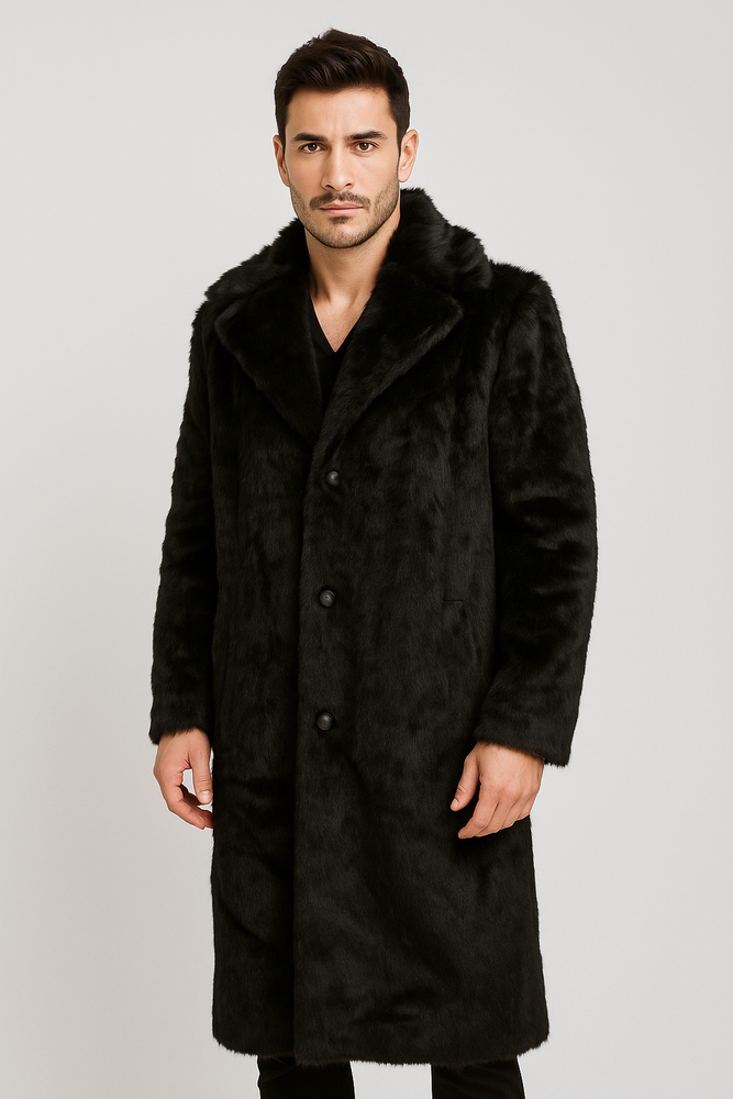 Men's Long Length Faux Fur Coat Full Length Overcoat ~ Long Men's Dress Topcoat - Winter coat + Matching Hat Black