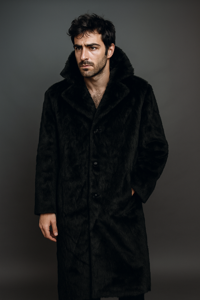 Men's Long Length Faux Fur Coat Full Length Overcoat ~ Long Men's Dress Topcoat - Winter coat + Matching Hat Black
