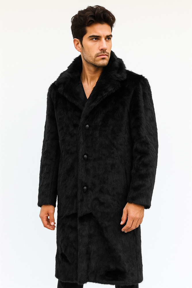 Men's Long Length Faux Fur Coat Full Length Overcoat ~ Long Men's Dress Topcoat - Winter coat + Matching Hat Black