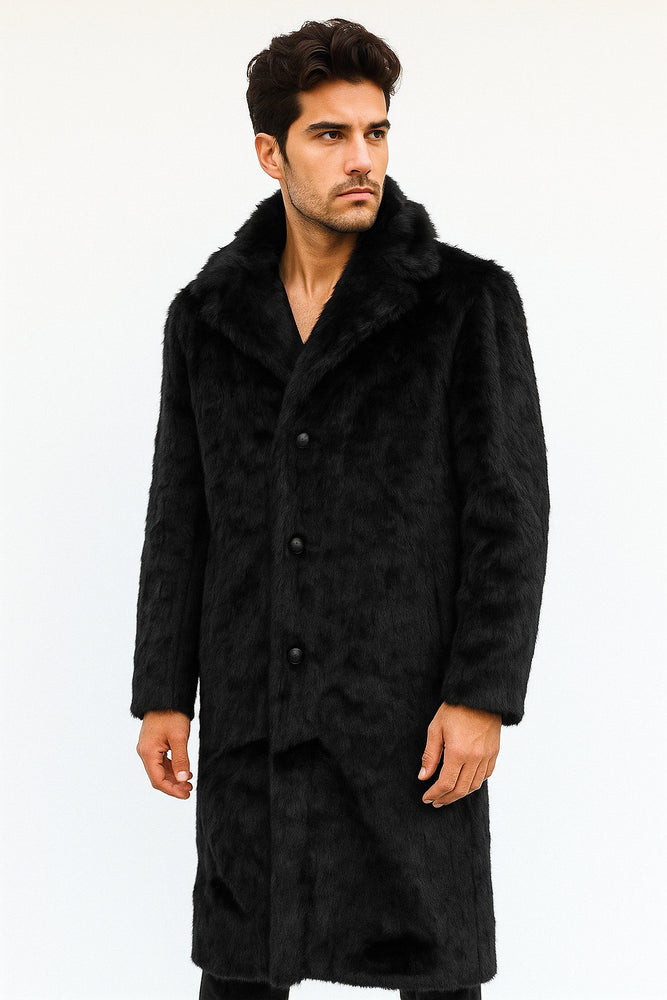 Men's Long Length Faux Fur Coat Full Length Overcoat ~ Long Men's Dress Topcoat - Winter coat + Matching Hat Black