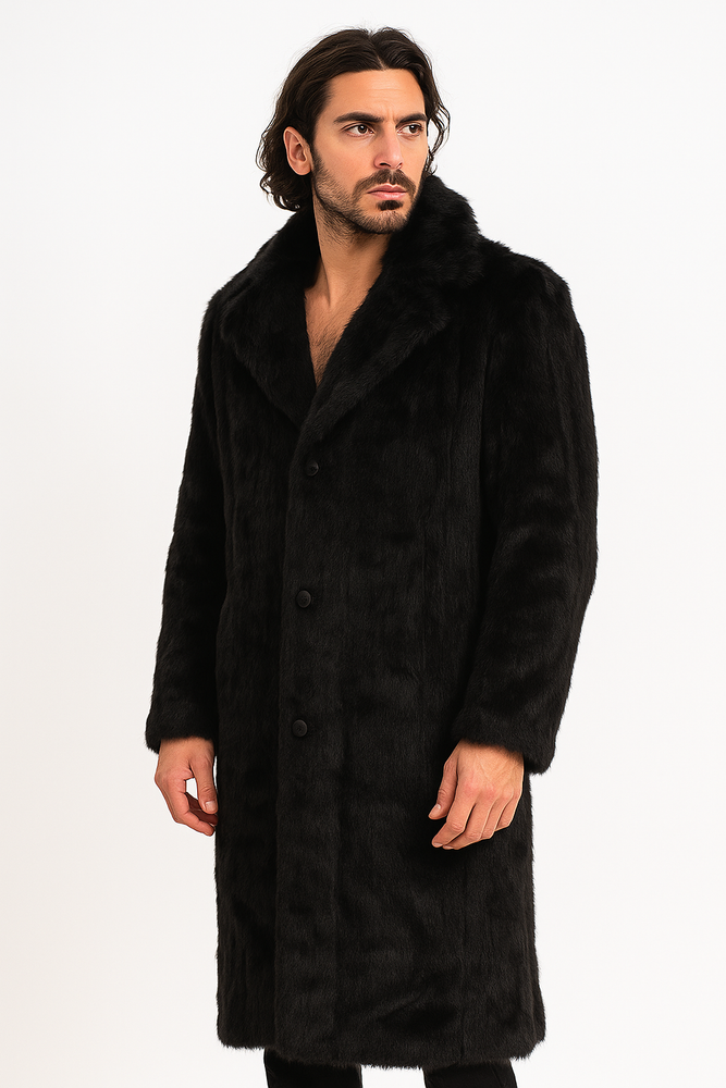 Men's Long Length Faux Fur Coat Full Length Overcoat ~ Long Men's Dress Topcoat - Winter coat + Matching Hat Black