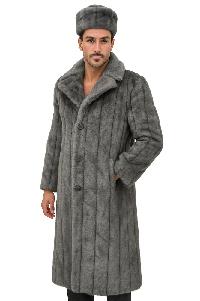 Men's Long Length Faux Fur Coat Full Length Overcoat ~ Long Men's Dress Topcoat - Winter coat + Matching Hat Grey