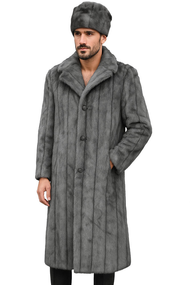 Men's Long Length Faux Fur Coat Full Length Overcoat ~ Long Men's Dress Topcoat - Winter coat + Matching Hat Grey