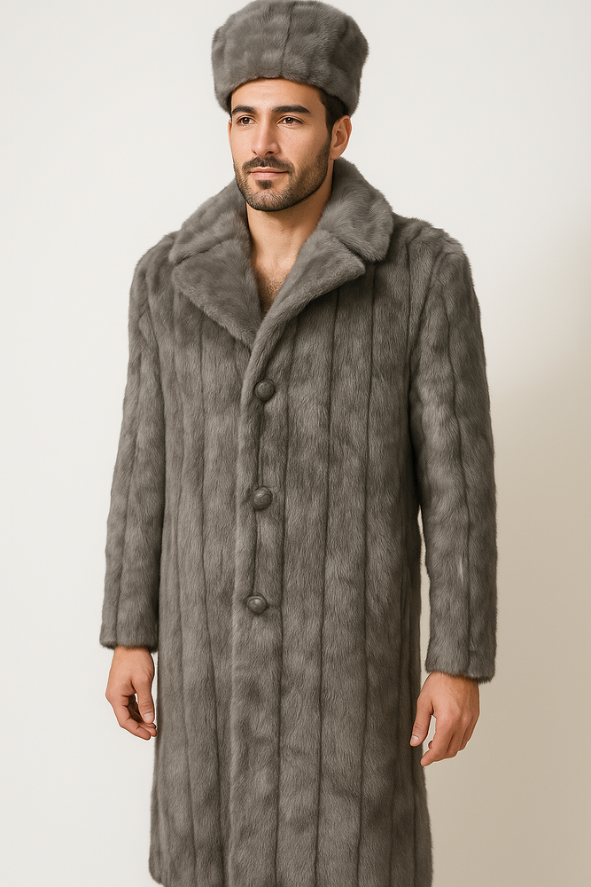 Men's Long Length Faux Fur Coat Full Length Overcoat ~ Long Men's Dress Topcoat - Winter coat + Matching Hat Grey