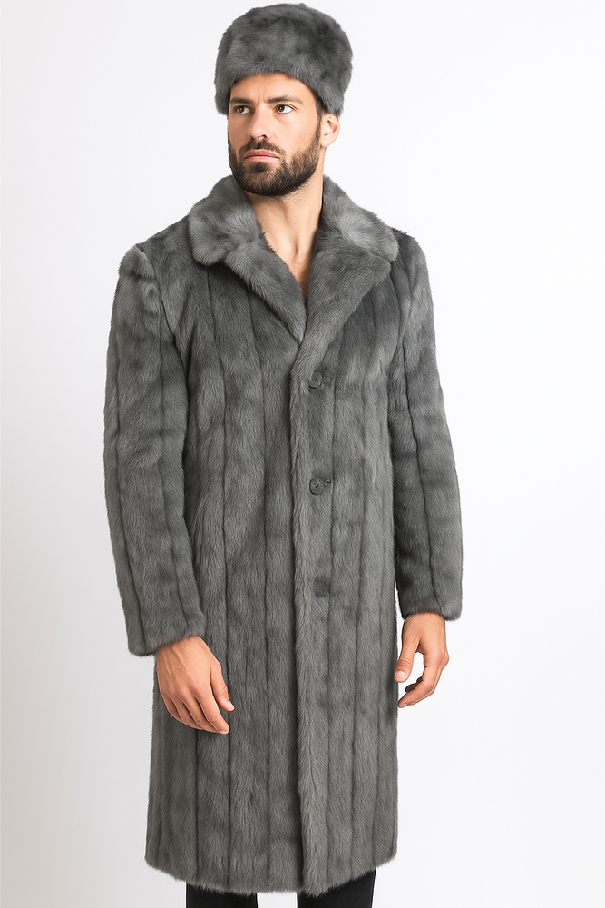 Men's Long Length Faux Fur Coat Full Length Overcoat ~ Long Men's Dress Topcoat - Winter coat + Matching Hat Grey