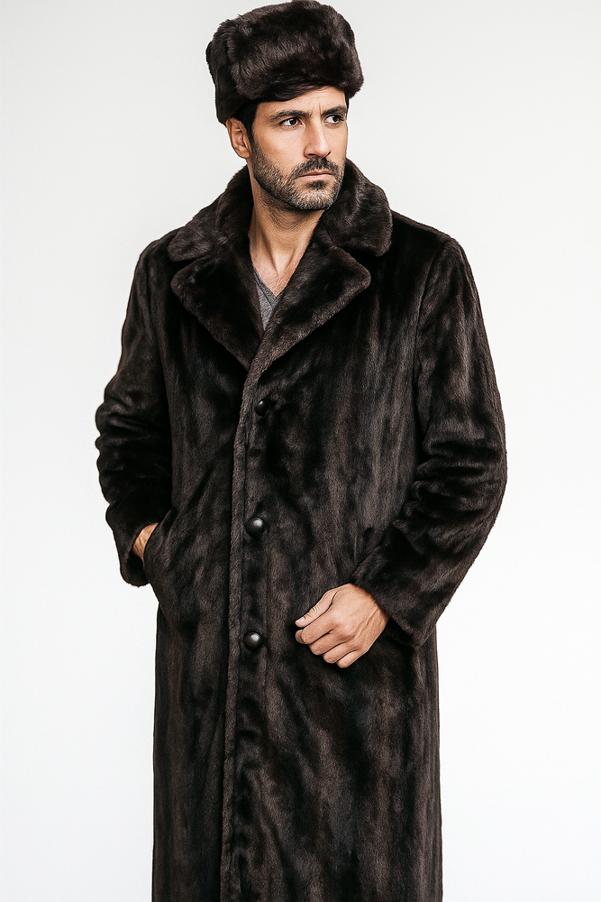 Men's Long Length Faux Fur Coat Full Length Overcoat ~ Long Men's Dress Topcoat - Winter coat+ Matching Hat Brown