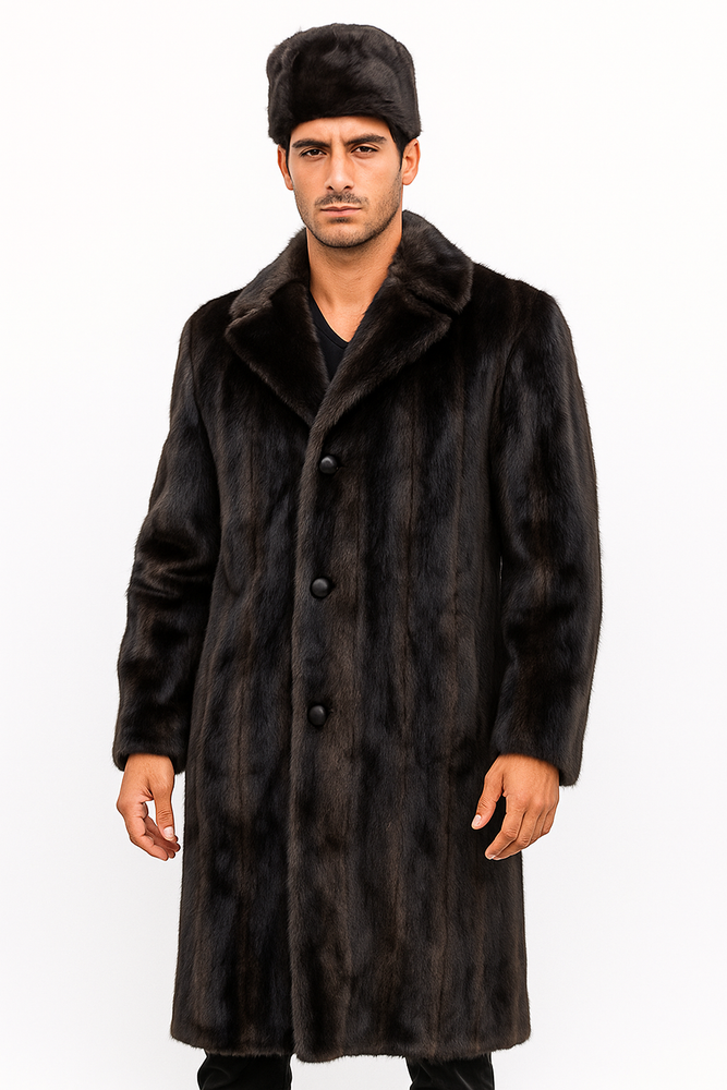 Men's Long Length Faux Fur Coat Full Length Overcoat ~ Long Men's Dress Topcoat - Winter coat+ Matching Hat Brown