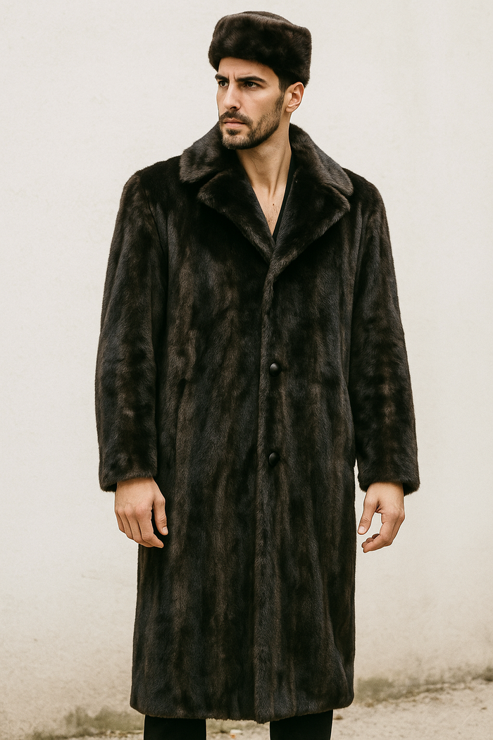 Men's Long Length Faux Fur Coat Full Length Overcoat ~ Long Men's Dress Topcoat - Winter coat+ Matching Hat Brown