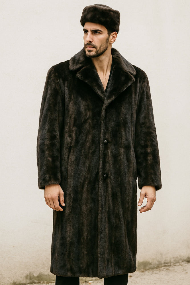 Men's Long Length Faux Fur Coat Full Length Overcoat ~ Long Men's Dress Topcoat - Winter coat+ Matching Hat Brown