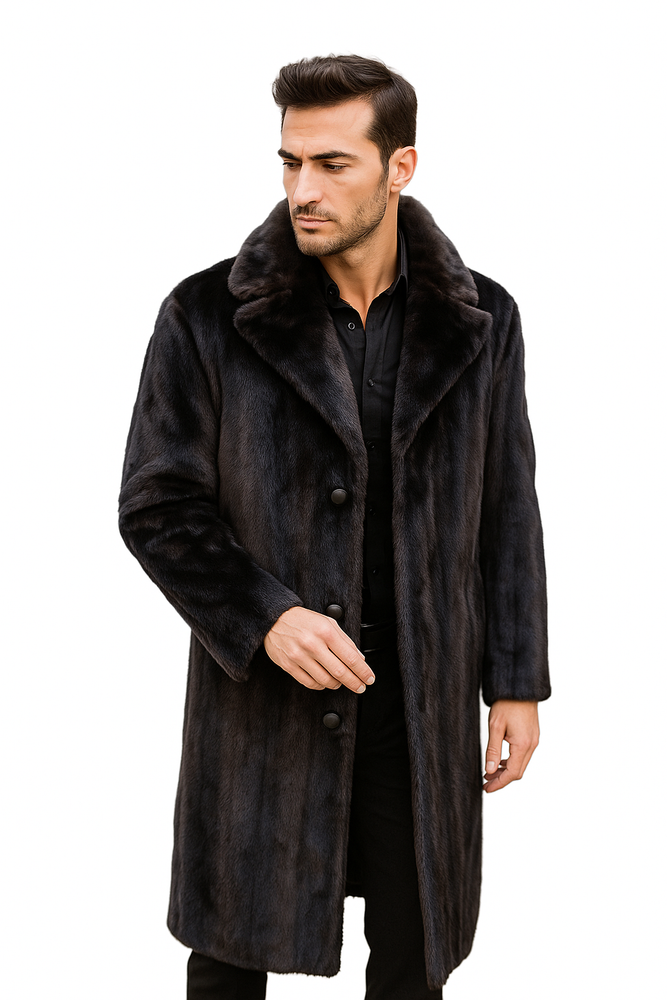 Men's Long Length Faux Fur Coat Full Length Overcoat ~ Long Men's Dress Topcoat - Winter coat+ Matching Hat Brown