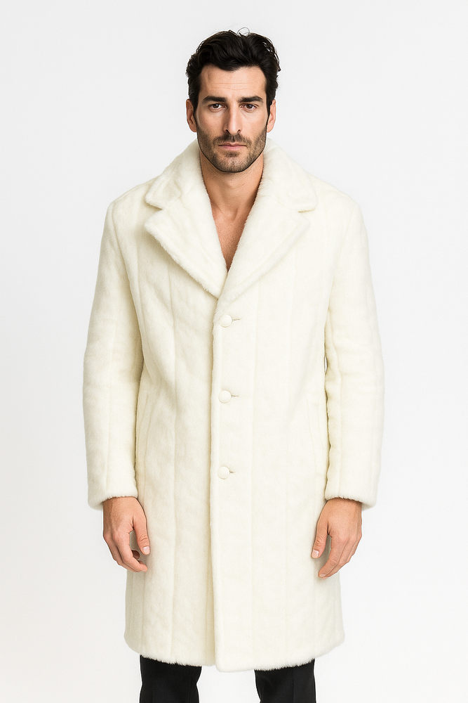 Men's Long Length Faux Fur Coat Full Length Overcoat ~ Long Men's Dress Topcoat - Winter coat + Matching Hat Off White
