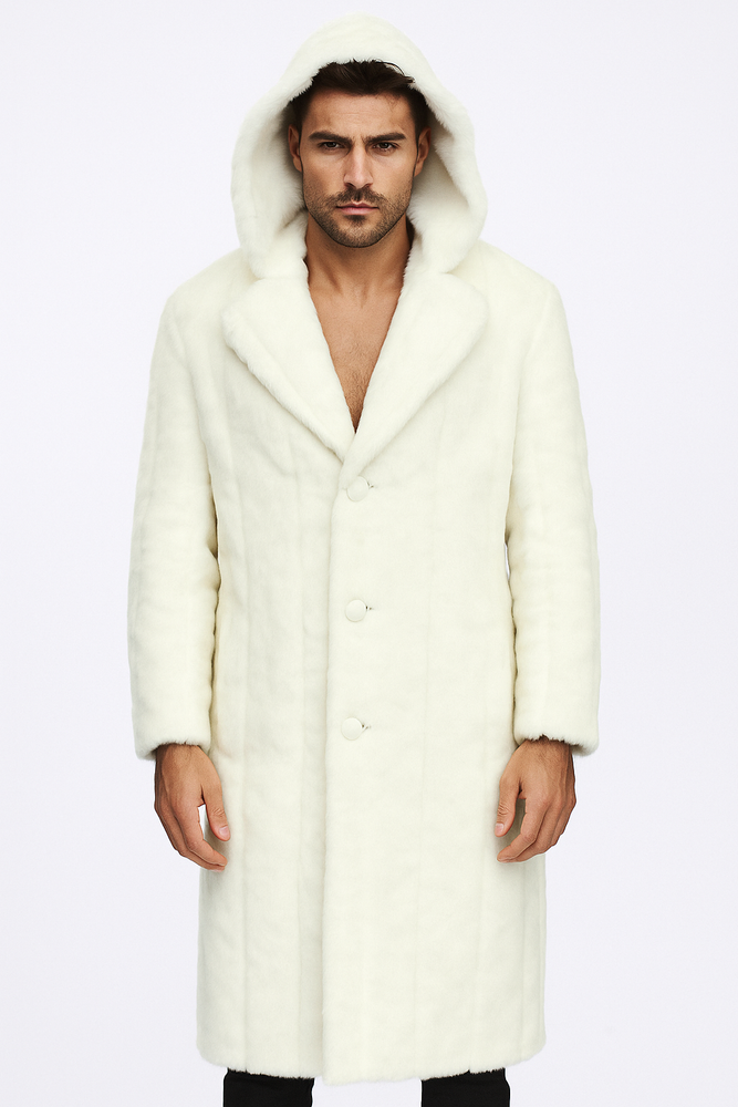 Men's Long Length Faux Fur Coat Full Length Overcoat ~ Long Men's Dress Topcoat - Winter coat + Matching Hat Off White