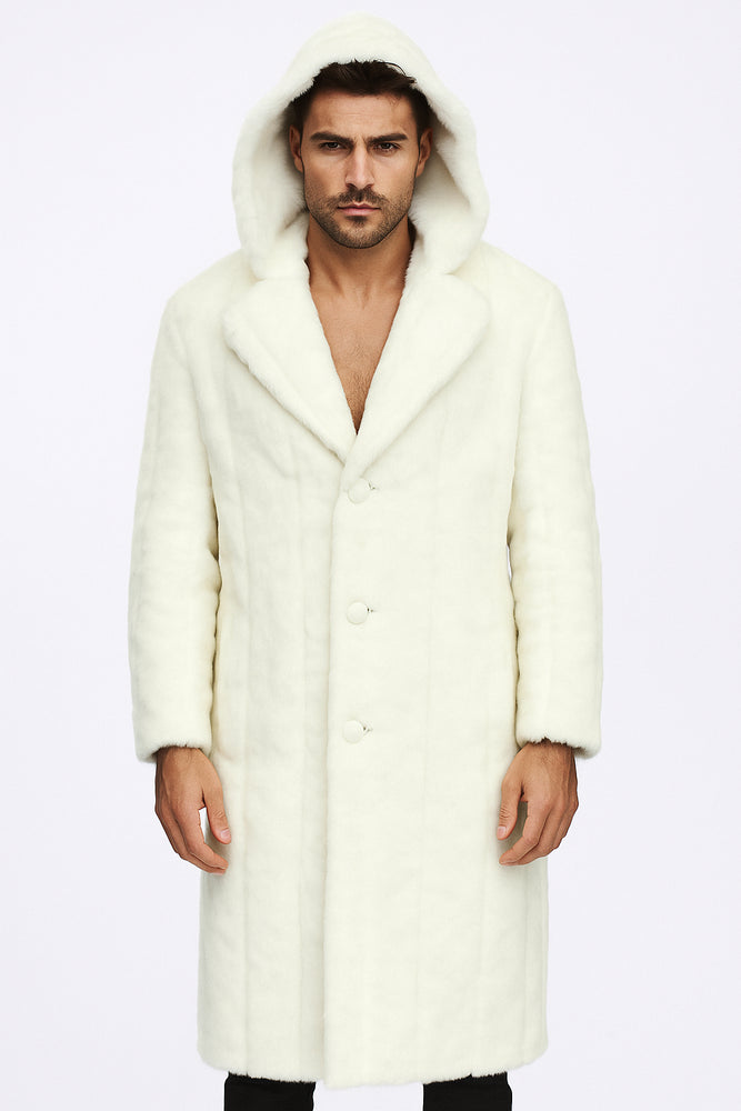 Men's Long Length Faux Fur Coat Full Length Overcoat ~ Long Men's Dress Topcoat - Winter coat + Matching Hat Off White