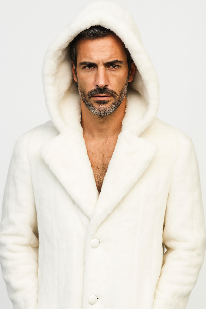 Men's Long Length Faux Fur Coat Full Length Overcoat ~ Long Men's Dress Topcoat - Winter coat + Matching Hat Off White