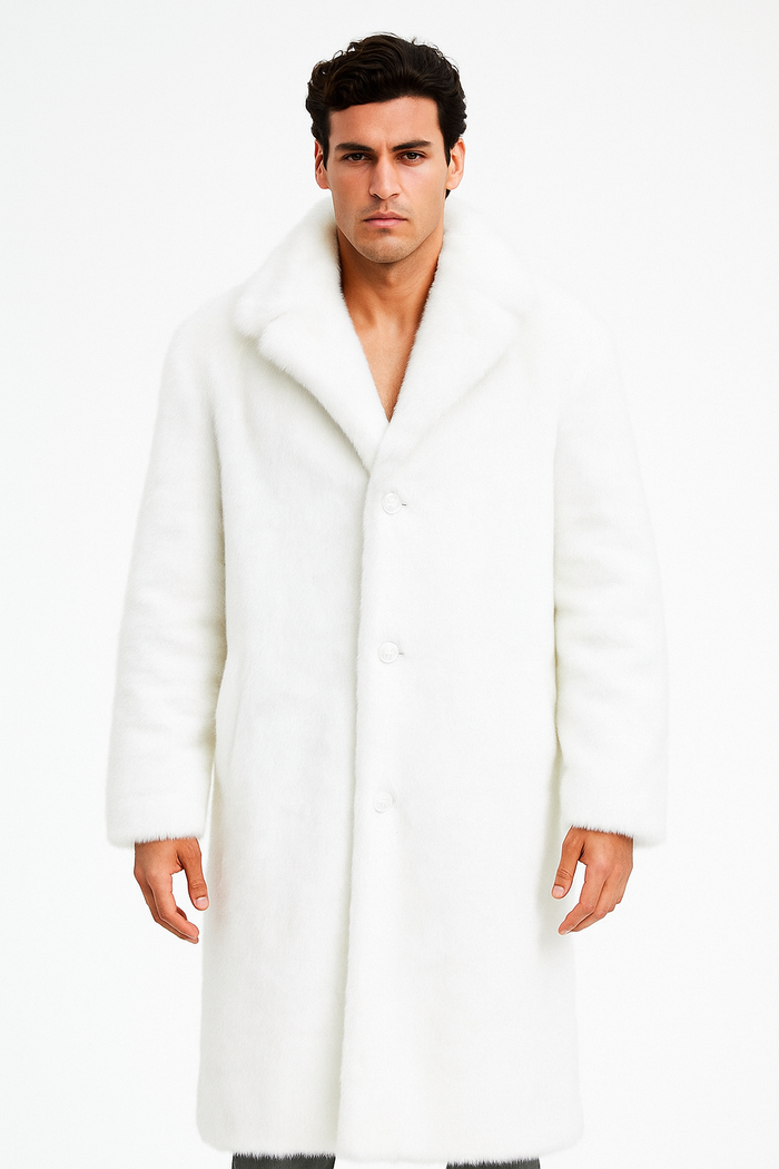 Men's Long Length Faux Fur Coat Full Length Overcoat ~ Long Men's Dress Topcoat - Winter coat + Matching Hat Arctic White