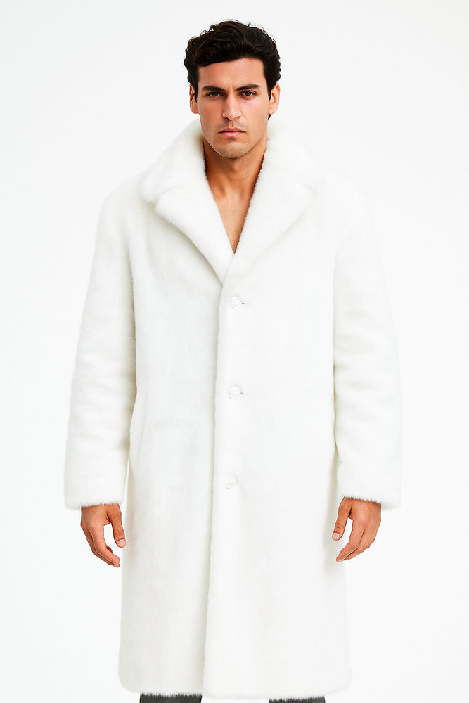 Men's Long Length Faux Fur Coat Full Length Overcoat ~ Long Men's Dress Topcoat - Winter coat + Matching Hat Arctic White