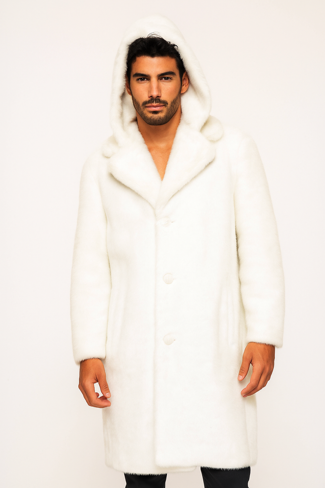 Men's Long Length Faux Fur Coat Full Length Overcoat ~ Long Men's Dress Topcoat - Winter coat + Matching Hat Arctic White