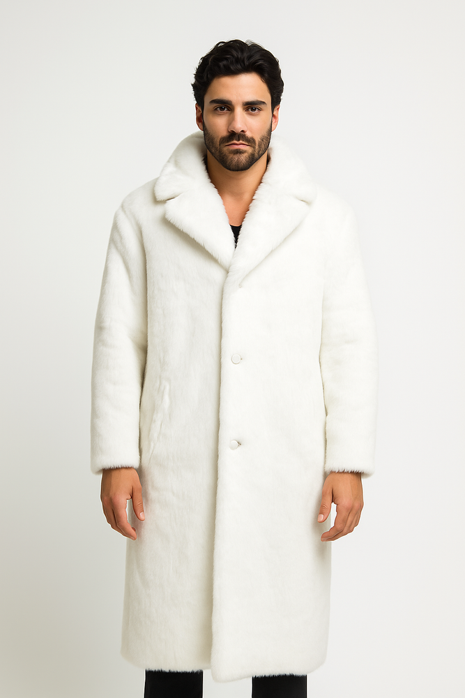 Men's Long Length Faux Fur Coat Full Length Overcoat ~ Long Men's Dress Topcoat - Winter coat + Matching Hat Arctic White