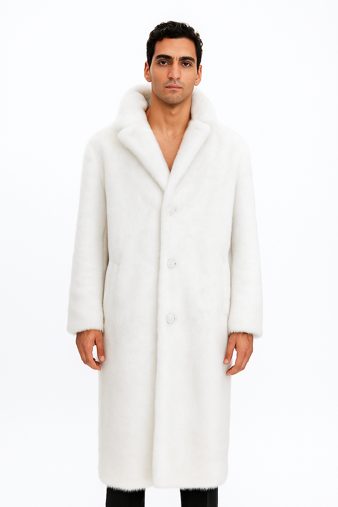 Men's Long Length Faux Fur Coat Full Length Overcoat ~ Long Men's Dress Topcoat - Winter coat + Matching Hat Arctic White