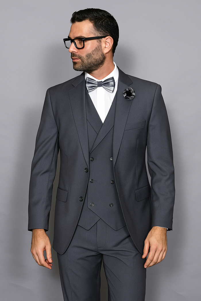 Mens Statement Suit Confidence Men's Wool Solid Charcoal 3 Piece Italian Style Double Breasted Vest Suit
