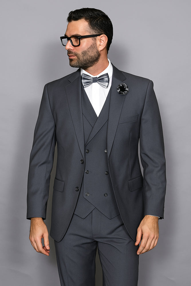 Mens Statement Suit Confidence Men's Wool Solid Charcoal 3 Piece Italian Style Double Breasted Vest Suit