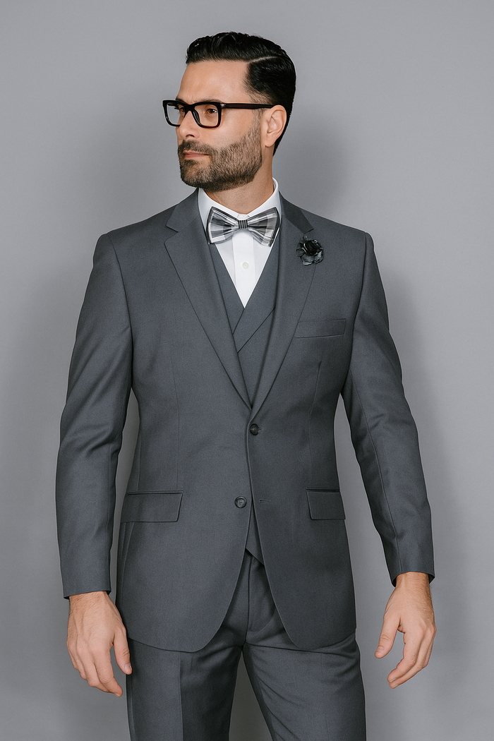 Mens Statement Suit Confidence Men's Wool Solid Charcoal 3 Piece Italian Style Double Breasted Vest Suit
