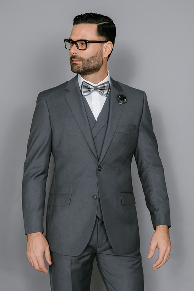 Mens Statement Suit Confidence Men's Wool Solid Charcoal 3 Piece Italian Style Double Breasted Vest Suit