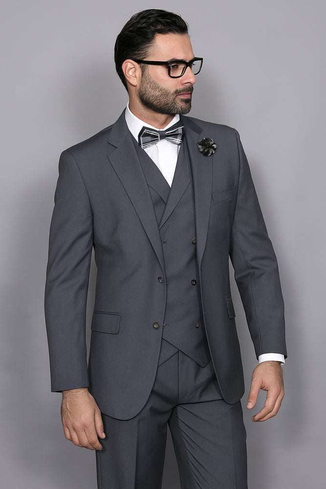 Mens Statement Suit Confidence Men's Wool Solid Charcoal 3 Piece Italian Style Double Breasted Vest Suit