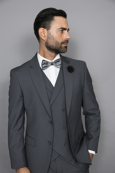 Mens Statement Suit Confidence Men's Wool Solid Charcoal 3 Piece Italian Style Double Breasted Vest Suit