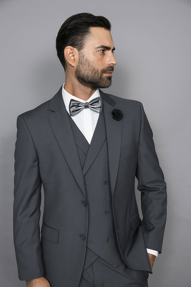 Mens Statement Suit Confidence Men's Wool Solid Charcoal 3 Piece Italian Style Double Breasted Vest Suit