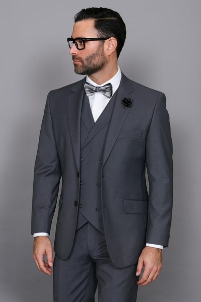 Mens Statement Suit Confidence Men's Wool Solid Charcoal 3 Piece Italian Style Double Breasted Vest Suit