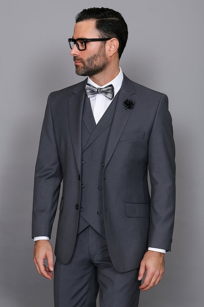 Mens Statement Suit Confidence Men's Wool Solid Charcoal 3 Piece Italian Style Double Breasted Vest Suit
