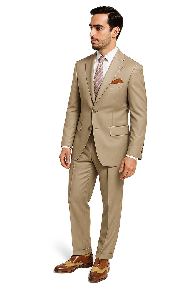 Slim Fitted Brand Tan 2 Button Super 110's Sharkskin Wool Suit